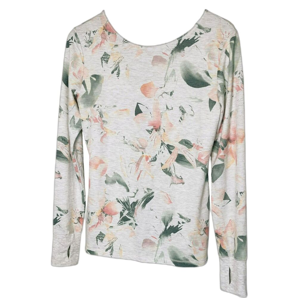 Sidebay Womens Small Floral Long Sleeve Criss Cross Back Knit Top Thumbholes